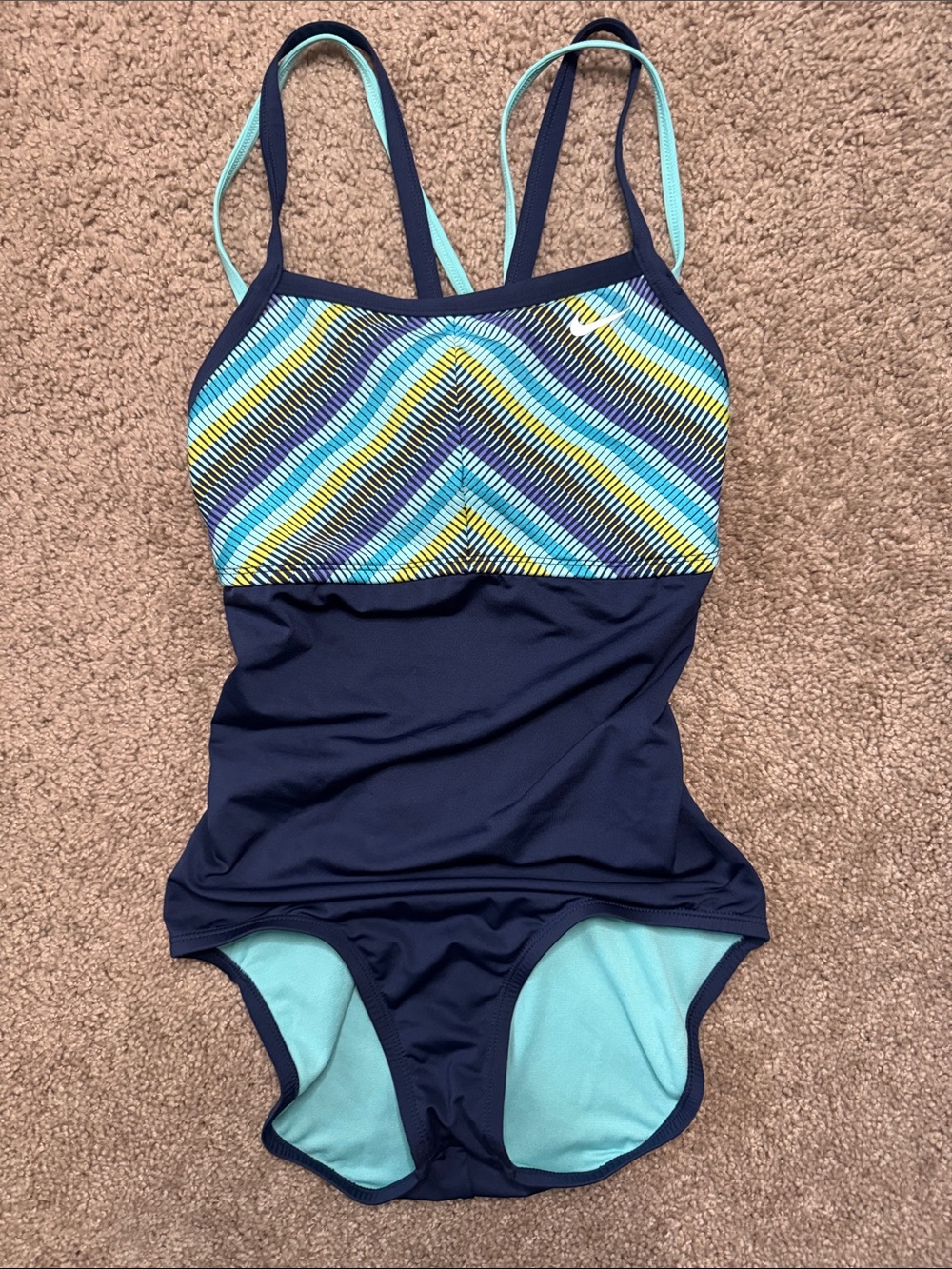 Nike Navy One-Piece Swimsuit with Aqua & Yellow Accents